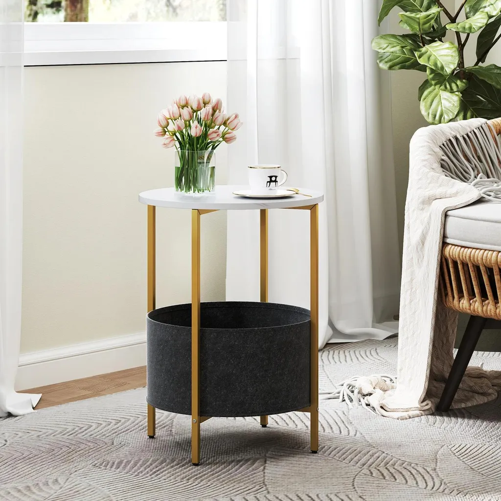 Table d'appoint ronde blanche avec panier en feutre et structure métal - 2