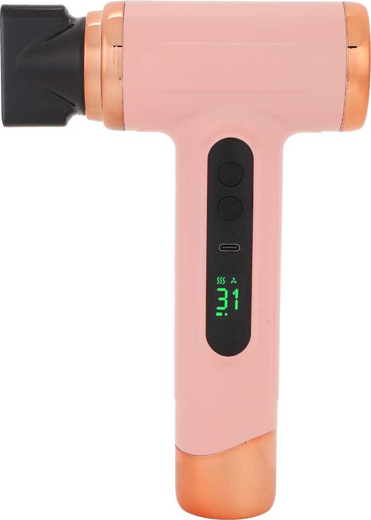 A pink and rose gold portable hair dryer with a digital display.
