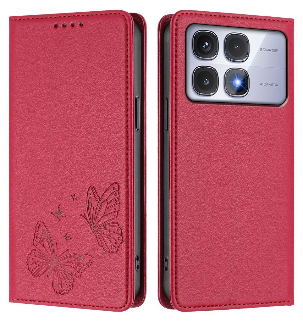 Lederhülle für Xiaomi Redmi K70 Ultra, Schmetterling Prägung Leder Brieftasche Schutzhülle mit Ständer Rot