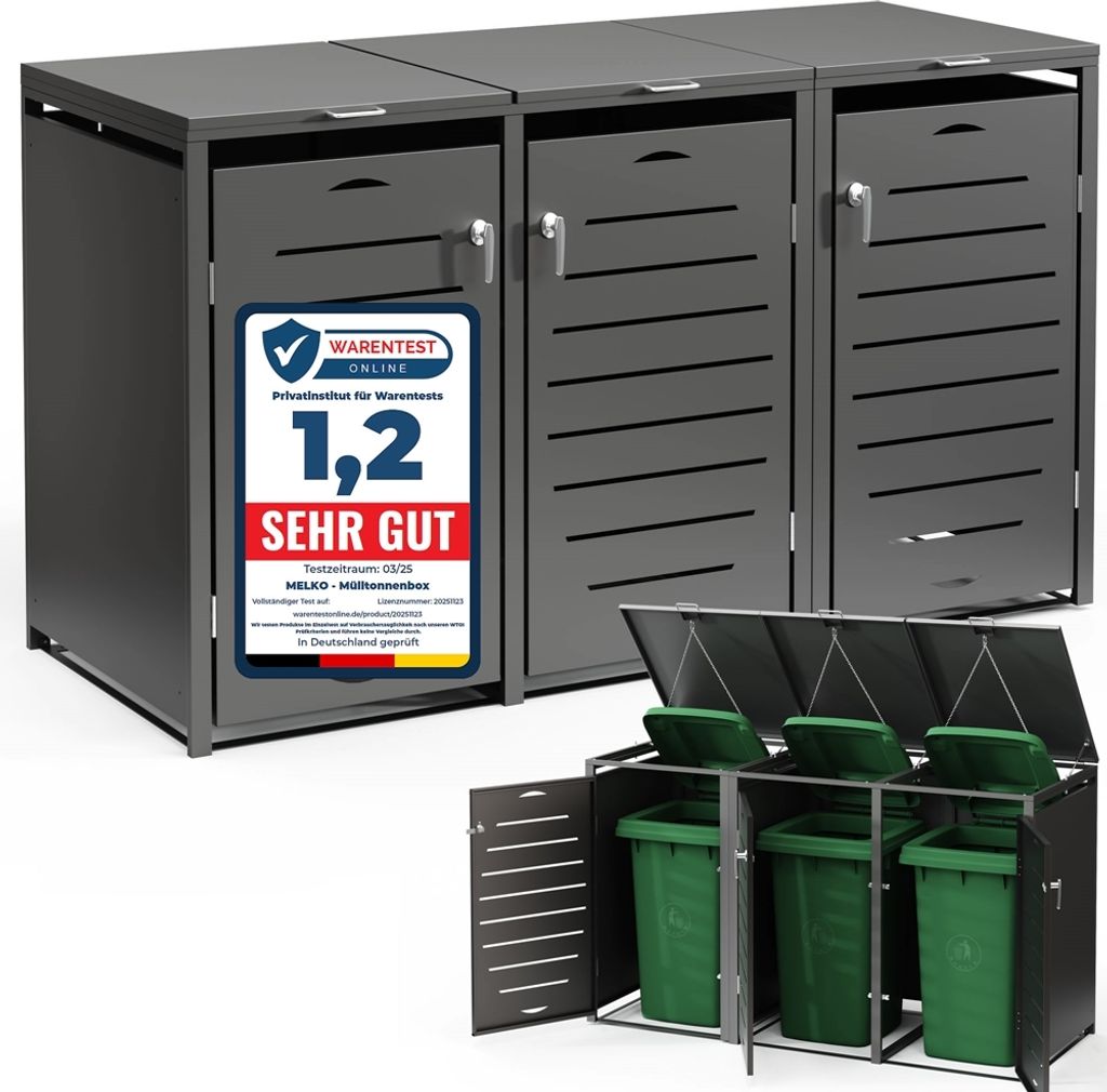 A set of three anthracite-colored trash can enclosures with green trash cans inside, shown from a slightly elevated front-diagonal angle. The enclosures have slatted doors and tops. One enclosure has a prominent test rating sticker.