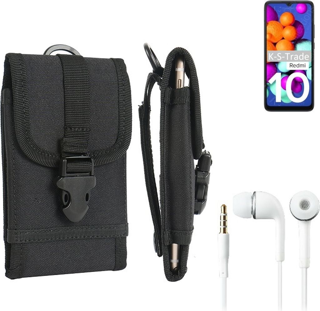 K-S-Trade Holster Schutz Hülle kompatibel mit Xiaomi Redmi 10 India Gürteltasche Handy Hülle Tasche outdoor Seitentasche schwarz 1x + Kopfhörer
