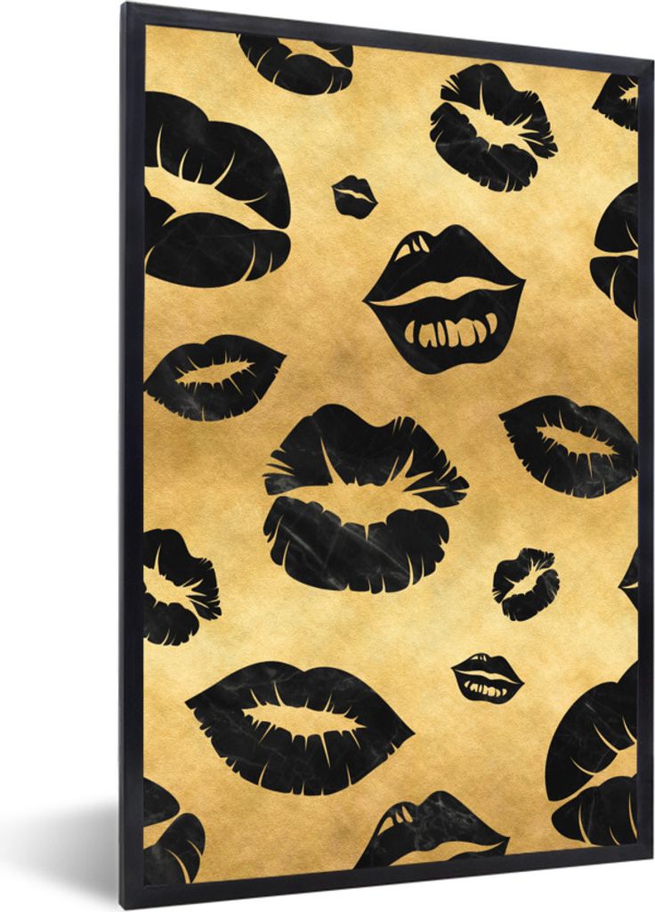 MuchoWow Gerahmtes Poster Muster - Kuss - Gold - Schwarz 40x60 cm - Poster mit Schwarzem Bilderrahmen Wandposter Rahmen Foto Bilder - Papierdruck...
