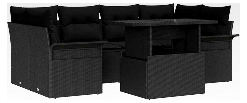 7-teiliges Garten-Sofa-Set mit Kissen in Schwarz aus Poly-Rattan für den Außenbereich
