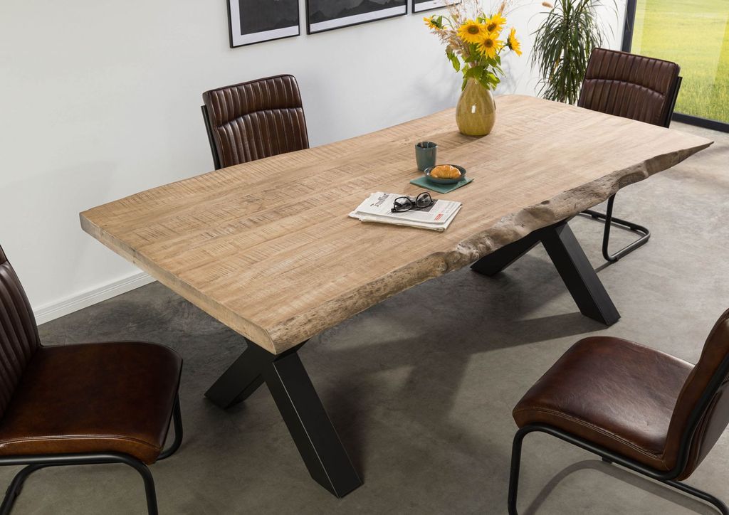 MASSIVMOEBEL24 Baumtisch Mango 200x100x77 beige lackiert / X-Beine anthrazit matt FREEFORM 5