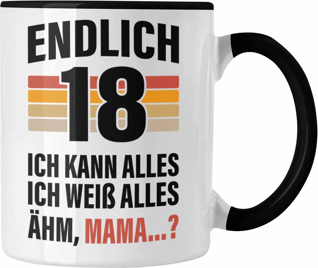 Trendation - 18. Geburtstag Junge Mädchen Tasse 18 Jahre alt Sohn Tochter Geschenkidee (Schwarz)