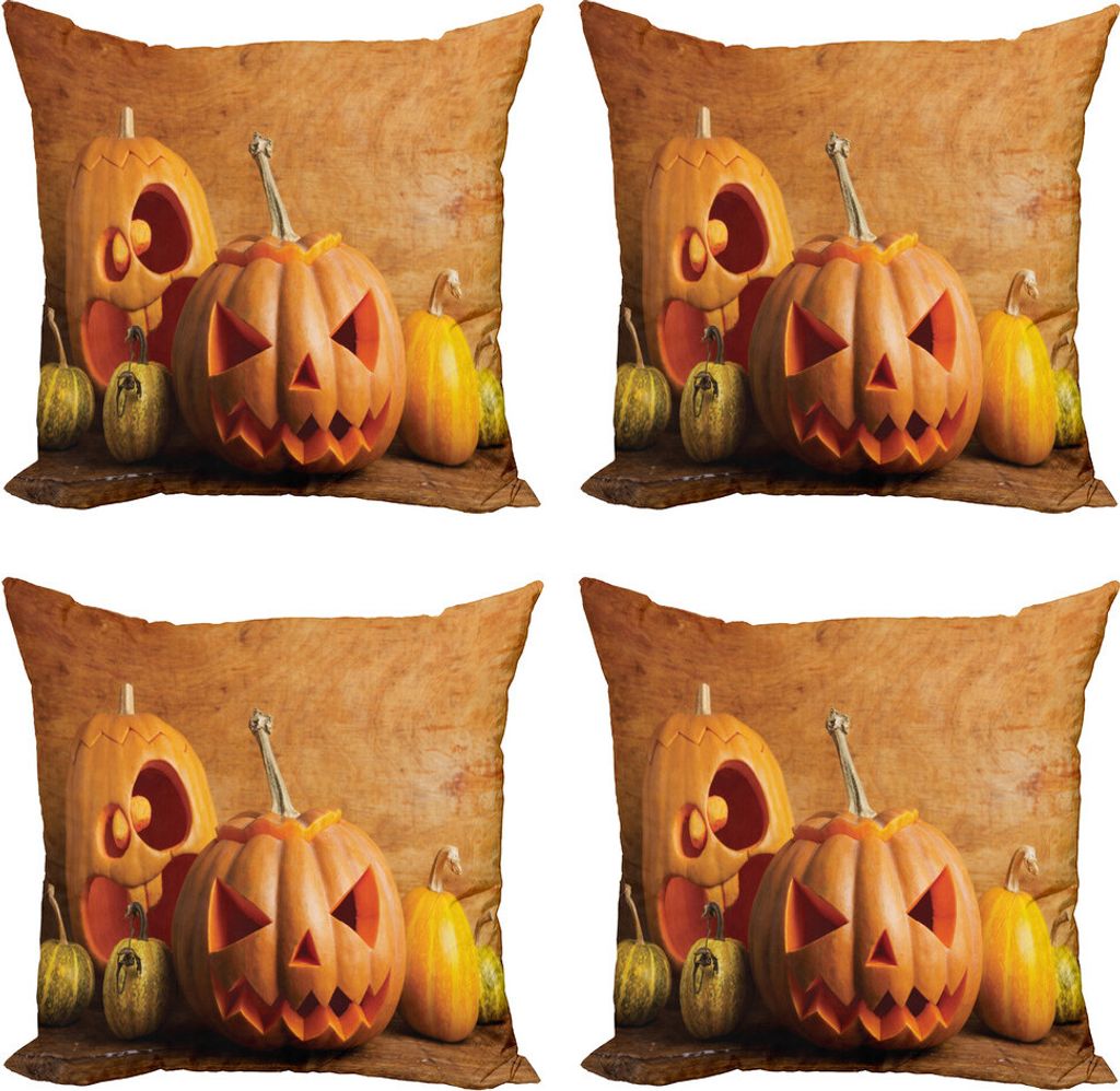 ABAKUHAUS Herbst-Kürbis Kissenbezug Set (4 Stück), Jack O Lantern Carve, Moderner Doppelseitiger Digitaldruck, 60 cm x 60 cm, Orange Persian Orange