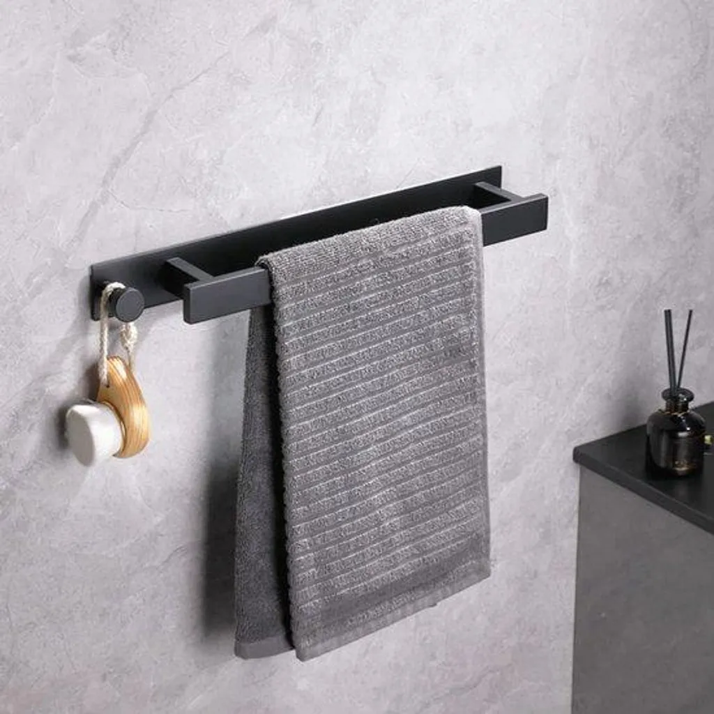 Support serviette noir mat autocollant 40cm inox anti-corrosion sans trou