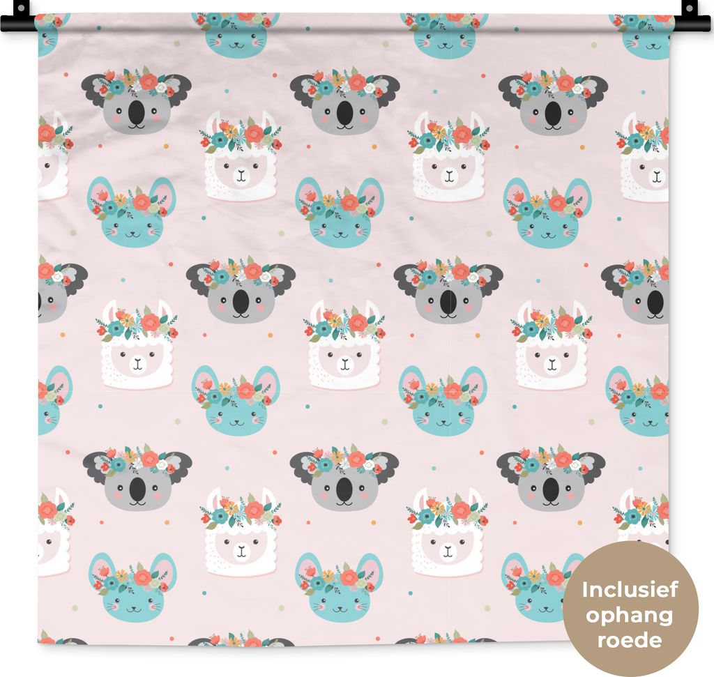 MuchoWow Wandteppich Wandbehang Lama - Koala - Blumen - Pastell 60x60 cm Tapisserie Dekoration Wandtuch - Dekorationen - Wand Decke