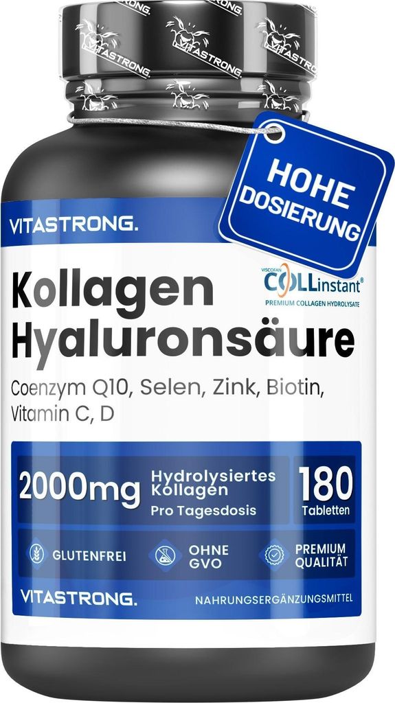 Kollagen & Hyaluronsäure 180 Tabletten – 2000mg Hydrolysiertes Kollagen mit Biotin, CoQ10, Zink, Vitamin C & D für Haut, Gelenke, Haare & Knochen
