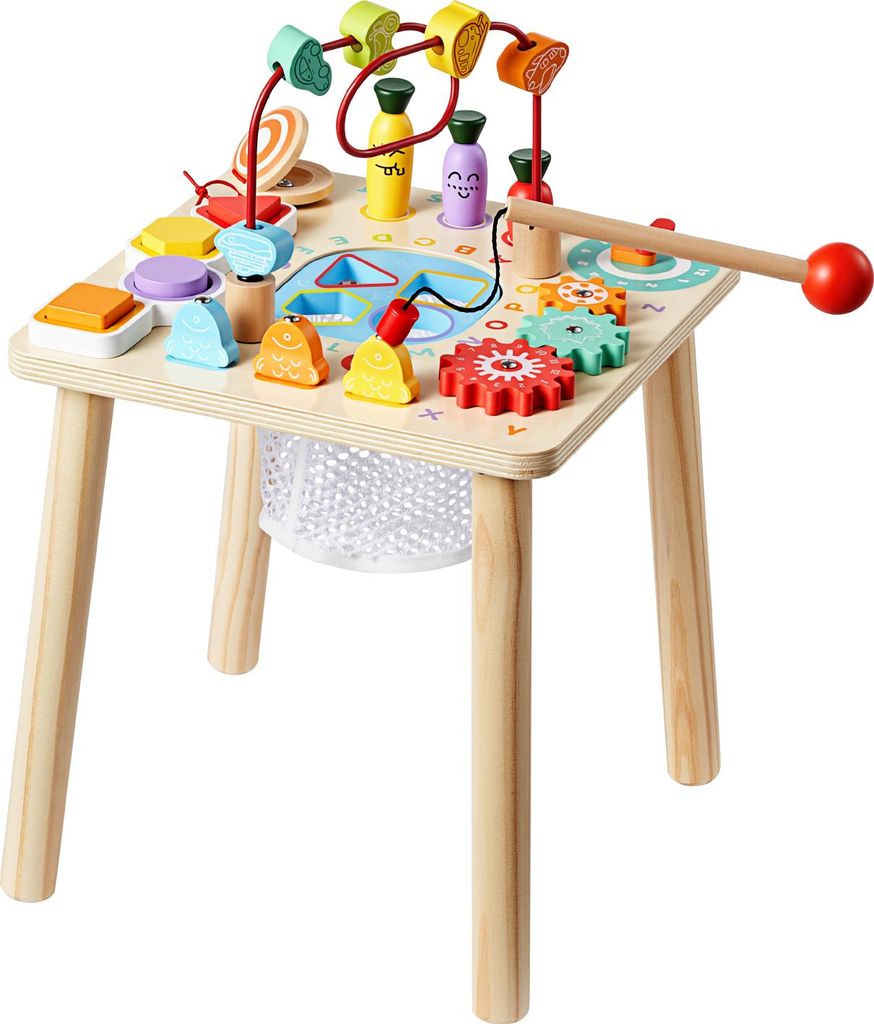 SucceBuy Holz Aktivitätstisch für Kinder, Montessori Spielzeug, 8-in-1-Lerntisch, multifunktionaler Spieltisch für Kleinkinder ab 6 Monaten, per...