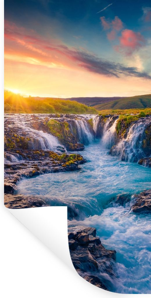 MuchoWow Wandtattoo Wandsticker Wandaufkleber Wasserfall - Pflanzen - Moos - Landschaft - Sonnenuntergang - Fels 20x40 cm Selbstklebend und Repos...