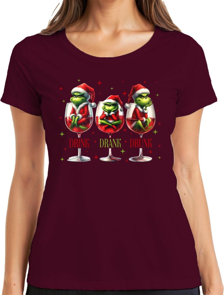 DRINK DRANK DRUNK lustig Wein Weinglas Weihnachtsmann Geschenk Damen T-Shirt, Burgundy, 3XL