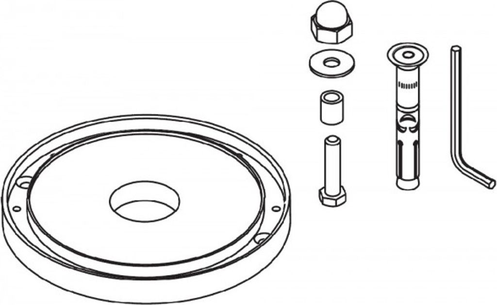 An isometric illustration of a set of hardware components for mounting an object, likely a garden umbrella or similar item, to the ground. The components include a large circular base plate with a central hole, a bolt with a hexagonal head, a cylindrical s