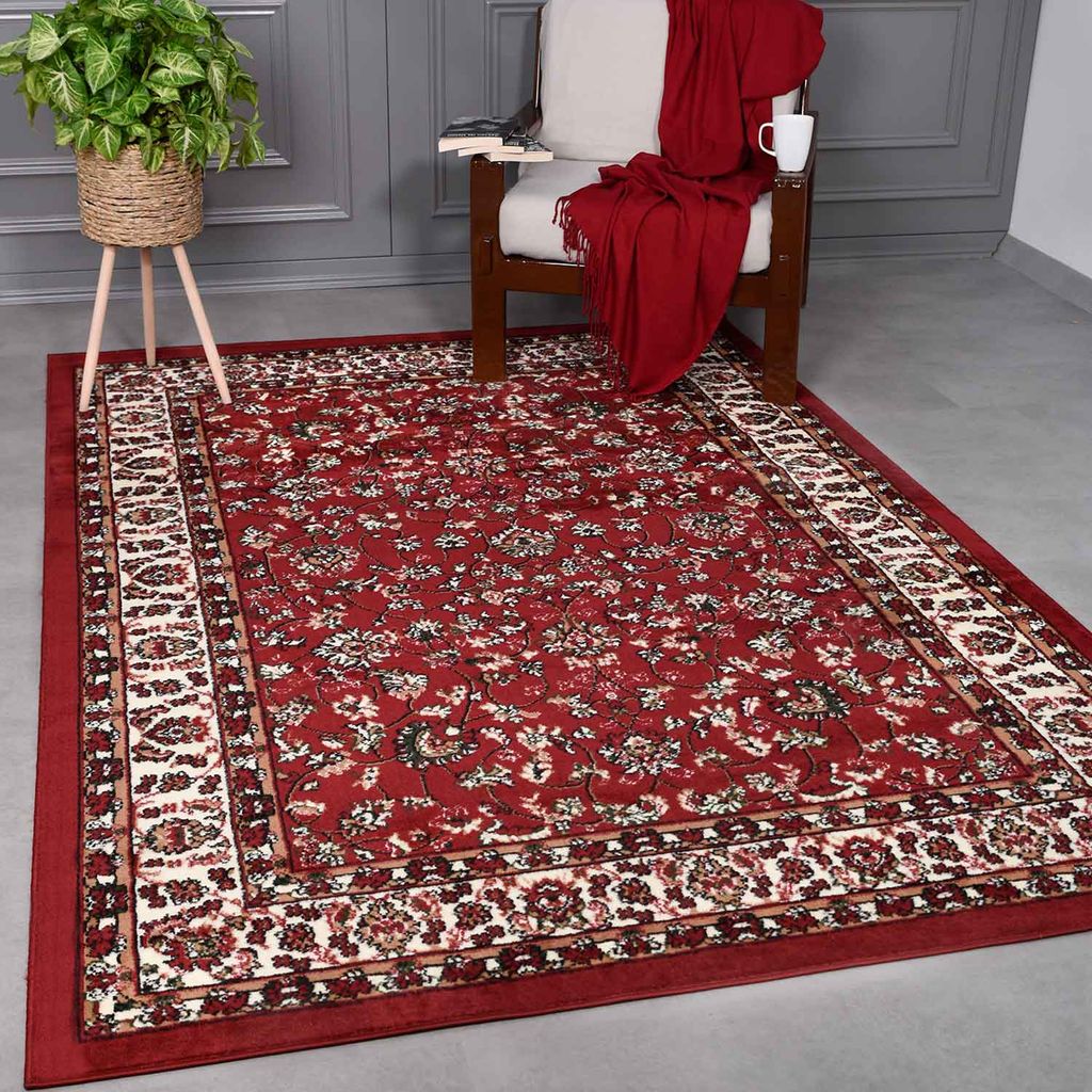 Klassischer Orient Stil Teppich im Bordüre Pflanzen Design Rot Meliert 