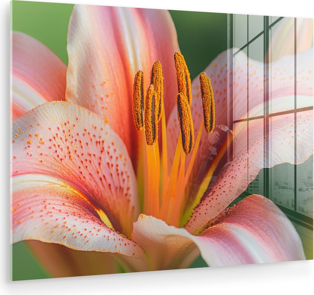 MuchoWow Glasbilder - Bilder auf Wandbild - Foto auf Glas Lilie - Nahaufnahme - Hellrosa 80x60 cm Wanddekoration aus Glas - Acrylglasbild - Acrylbi...