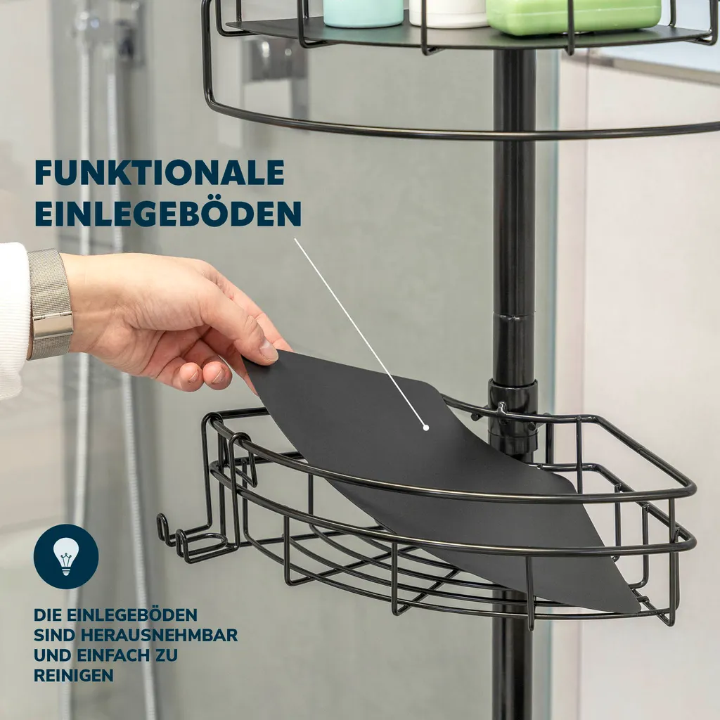 Rangement de douche télescopique pour angle, étagère noire sans perçage - 5
