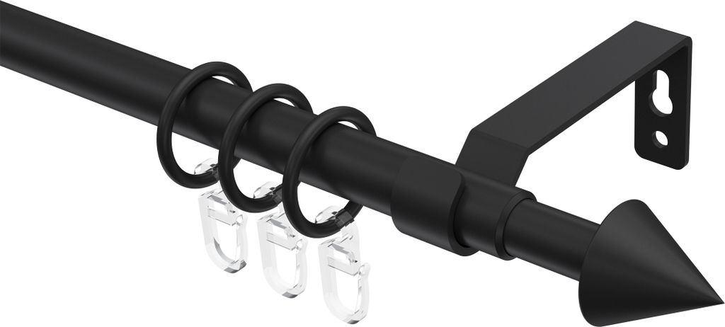 Interdeco Gardinenstange ausziehbar / Teleskop-Vorhangstange Schwarz, Typ Hera Cone (Kegel), 16/13 mm Ø 1-läufig, 160-300 cm ausziehbar