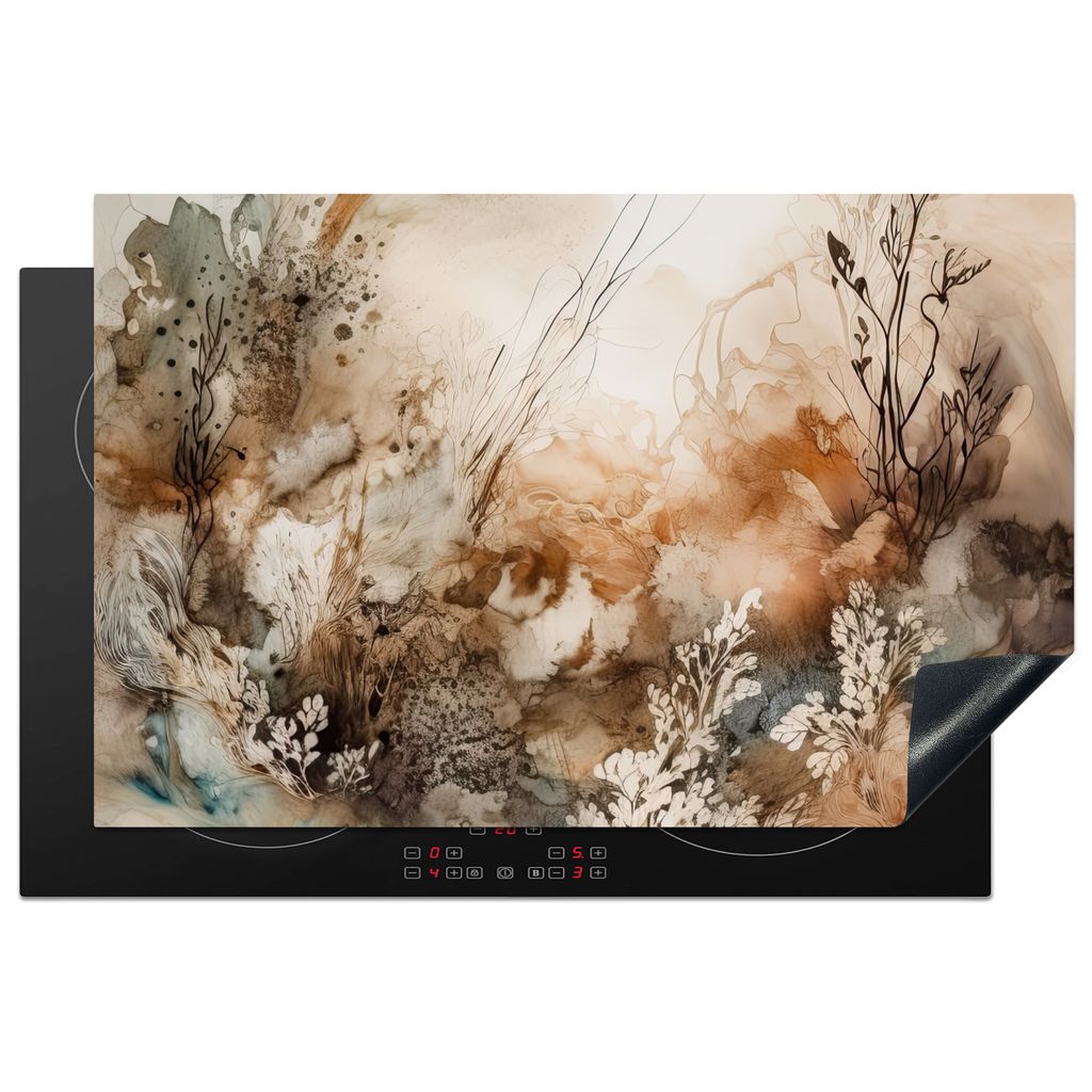 KitchenYeah Herdabdeckplatte Beige - Abstrakt - Blumen , 81x52cm, Küche Deko, Glaskeramikkochfeld Herdabdeckung, Abdeckplatte fùr Kochfeld