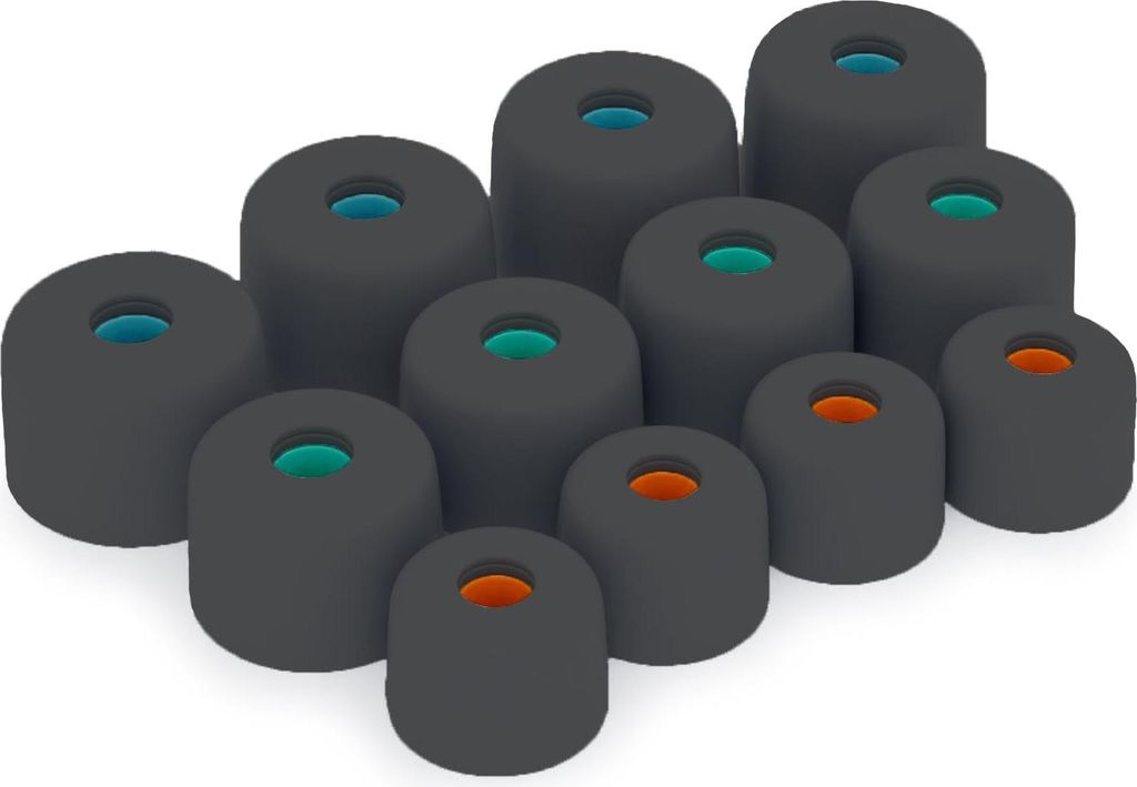 A collection of black silicone earbud tips with colored inserts, arranged in a scattered pattern on a white background.