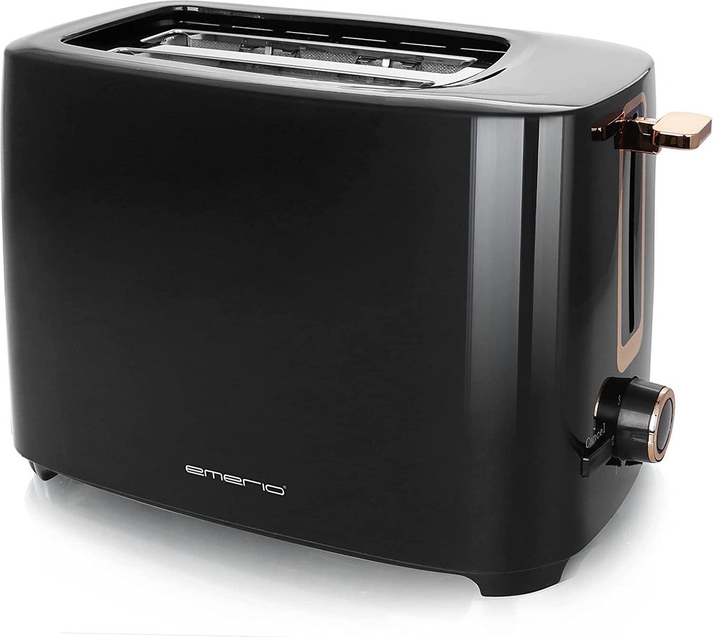 A black toaster with gold accents is shown against a white background.