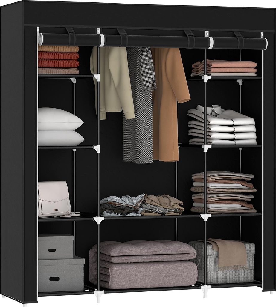 Stoffschrank aus Vlies. Faltschrank. 1 Kleiderstange. 9 Regale. 150 cm x 43 cm x 162.5 cm. Schwarz