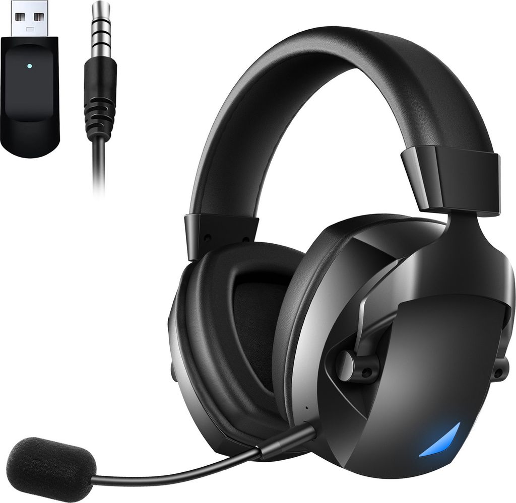A black gaming headset with a microphone and accessories is shown against a white background.