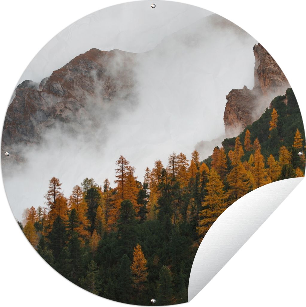 MuchoWow Gartenposter Outdoor-Poster Rund Berg - Nebel - Wald Ø 60 cm Gartendeko Rundes Poster draußen