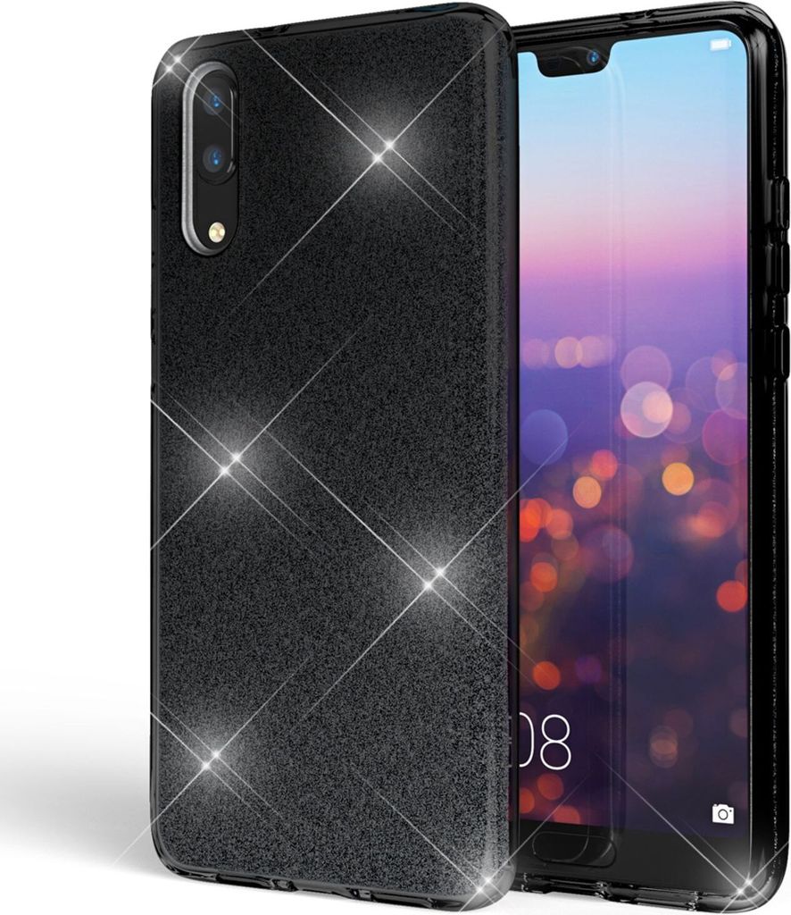 Huawei P20 Handy Hülle von NALIA, Glitzer Silikon Cover Case Schutz Glitter Schwarz