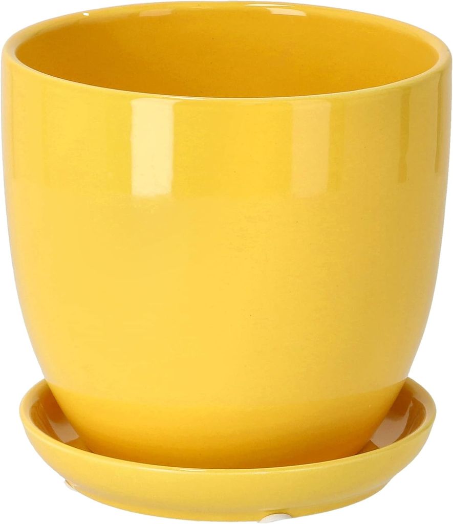 A bright yellow ceramic flower pot with a matching saucer, presented on a plain white background.