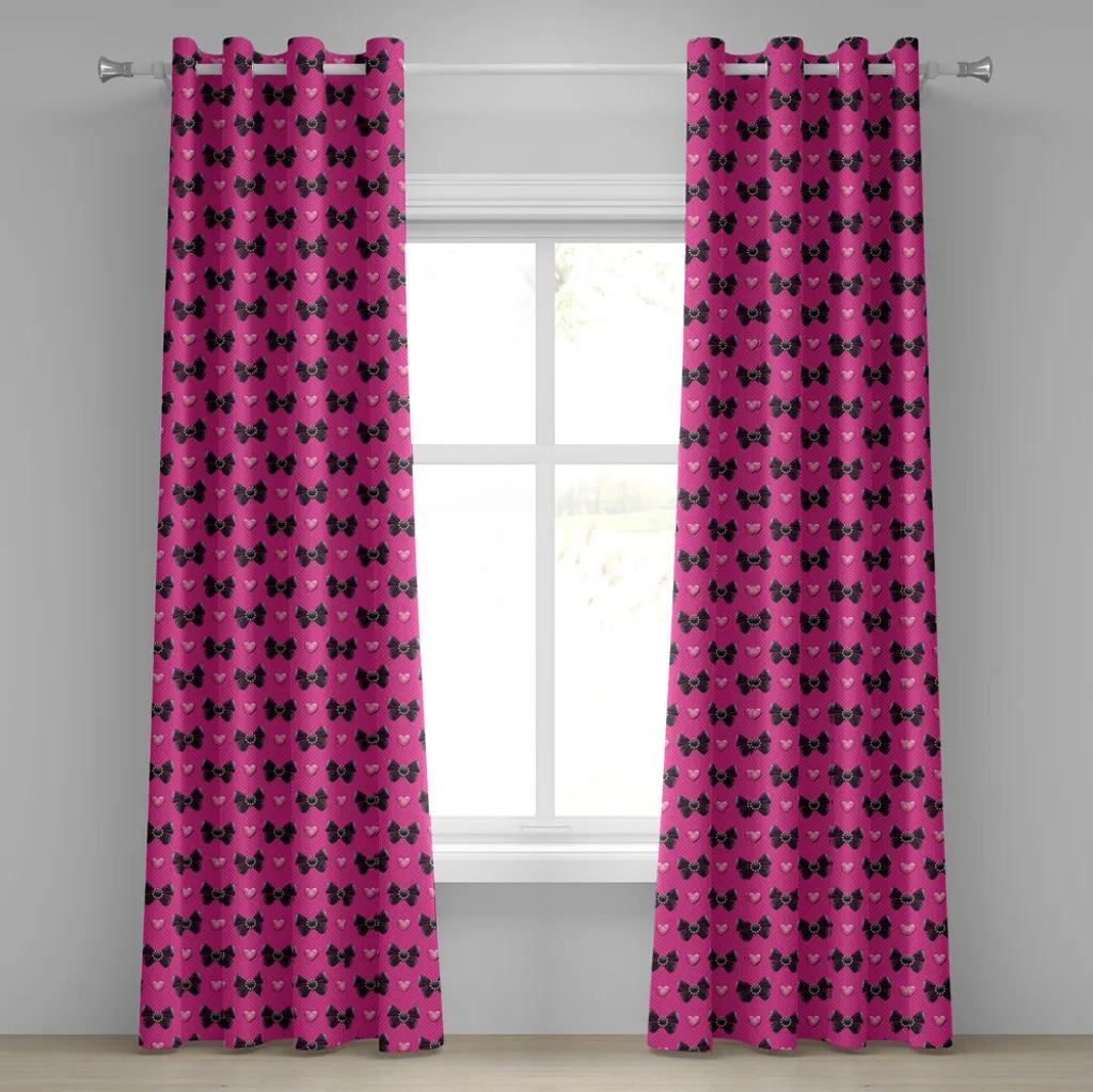 Rideau à œillets Romantique Rose et Noir Motifs Cœurs et Nœuds Perles