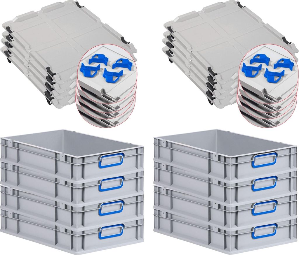 SuperSparSet 8x Eurobox NextGen Color mit Auflagedeckel und Schiebeschnappverschlüsse | HxBxT 12x40x60cm | 23 Liter | Grau | Griffe blau geschloss...