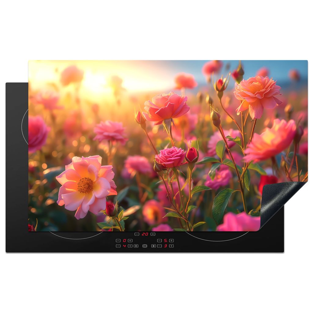 KitchenYeah Herdabdeckplatte Rosen - Blumen - Rosa , 83x51cm, Küche Deko, Glaskeramikkochfeld Herdabdeckung, Abdeckplatte fùr Kochfeld