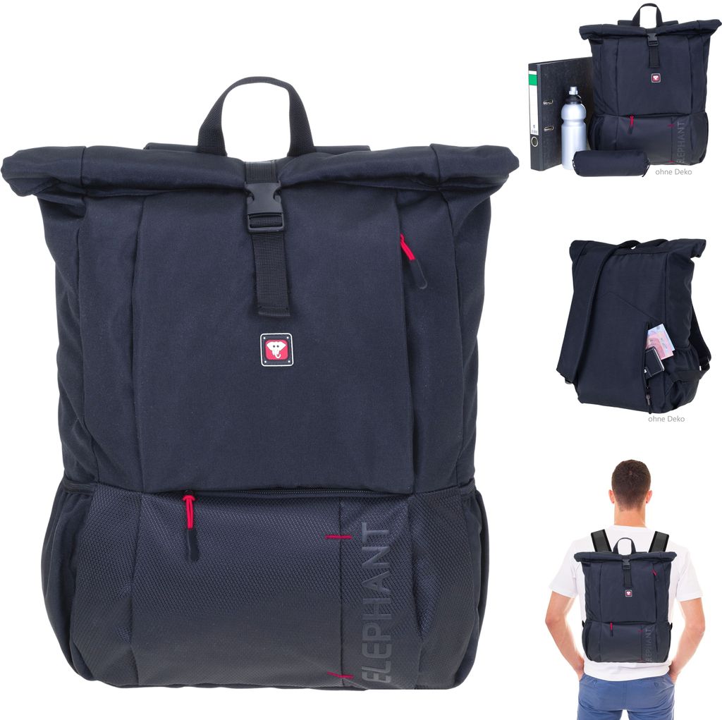ELEPHANT Rucksack Laptoprucksack Laptop Daypack Büro Reise Handgepäck DIN A4 Geheimfach Kurierrucksack Rolltop Bag Dark 3626 Schwarz ROT + Flasche