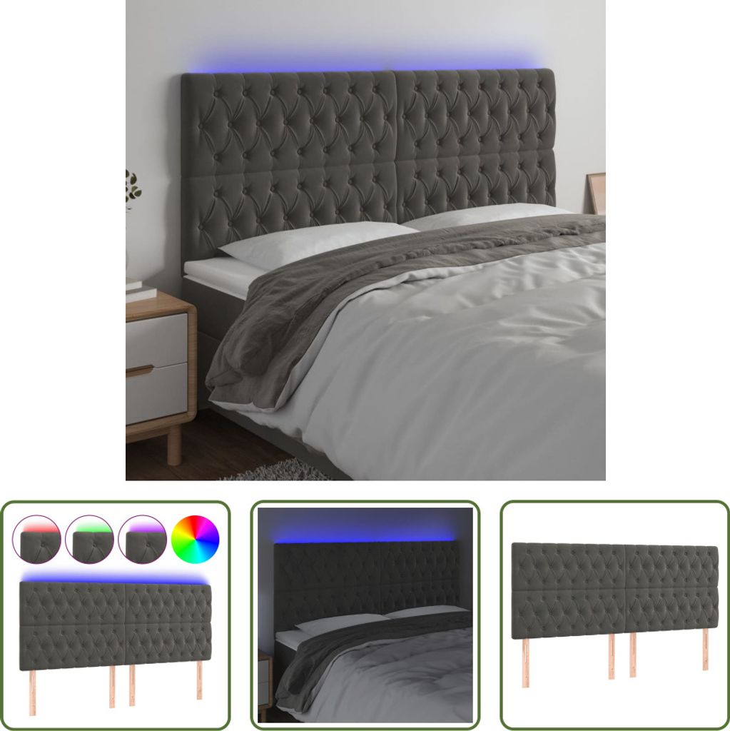 The Living Store LED Kopfteil Dunkelgrau 180x7x118/128 cm Samt
