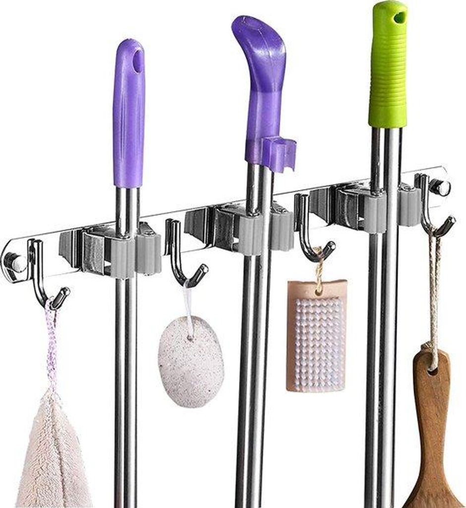 Wandhalter für Gartengeräte, 3 Haken, 4 Klammern, Selbstklebend, inkl. Schrauben und Klebstreifen, 3 Halter, 4 Haken, Grau