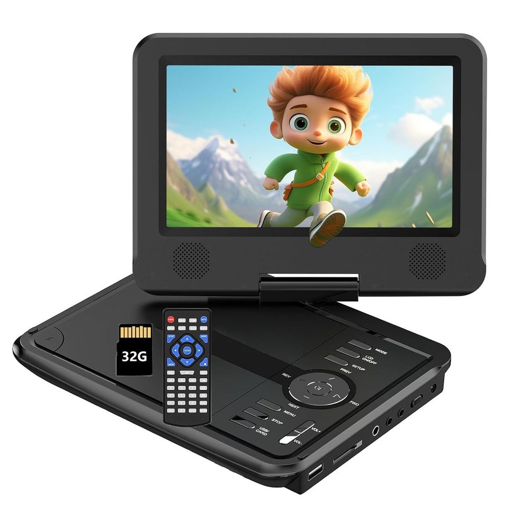 9.5" Tragbarer DVD-Player mit 7.5" HD Drehbildschirm für Auto und Kinder mit Autoladegerät und AC Adapter mit 32G TF Karte