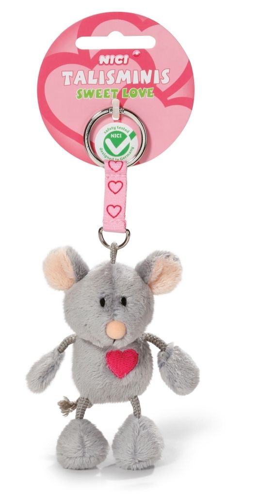 A plush mouse keychain with a pink heart on its chest, hanging from a pink strap with hearts, attached to a pink circular tag with text and a logo.