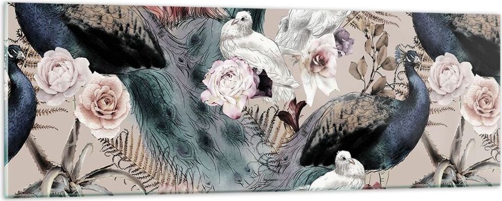 Bilder auf glas - Einteilig - Pfauen Squab Flamingos - 90x30cm - Glasbilder - Wandbilder - Bilder - zum Aufhängen bereit - Wanddekoration aus Glas...