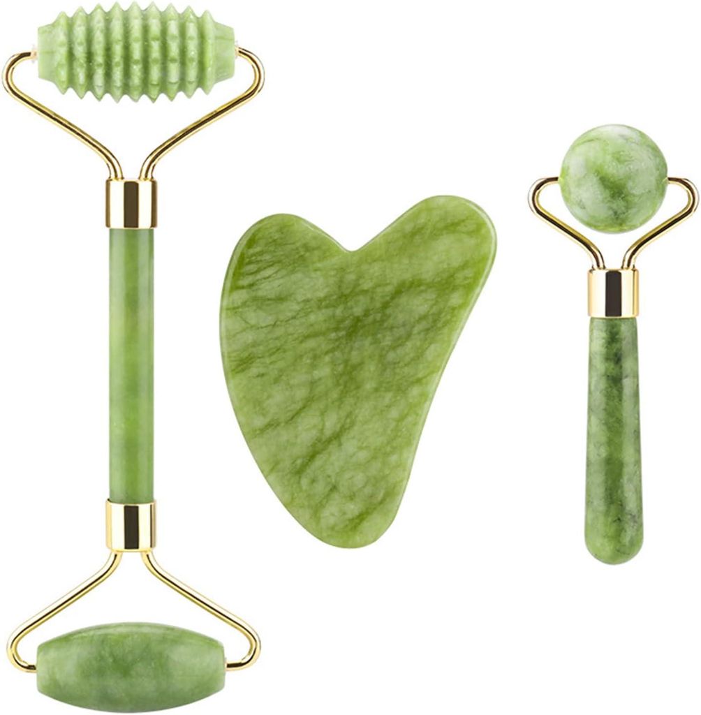 Lamkrtlp Gua Sha Stone, Jade Roller -Set, Gesicht gemacht Jade, Originalmassagegeräte, gerillte Beruhigungen entspannt die Haut