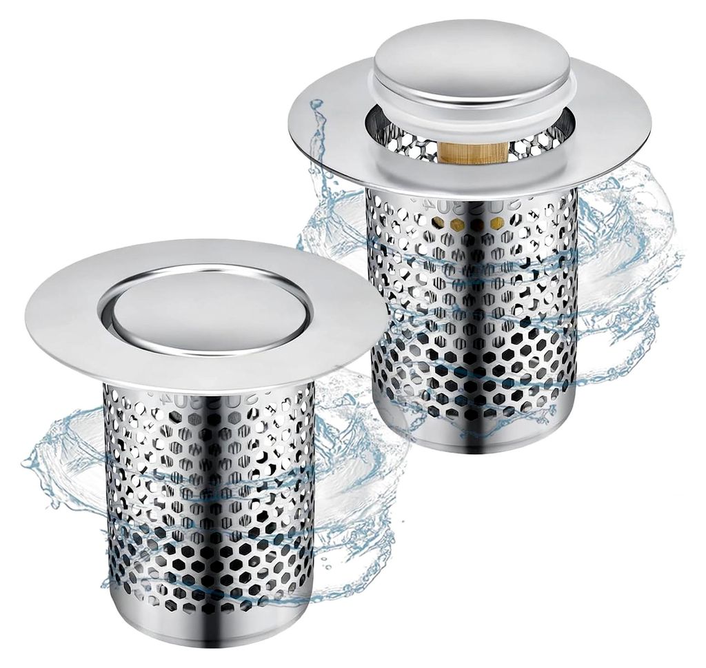 2 Stück 33 × 50mm Herausnehmbares Abflusssieb aus Edelstahl, Waschbecken sieb mit Push-Typ-Rückprallkern aus Messing, um haarsieb und Gerüche h...