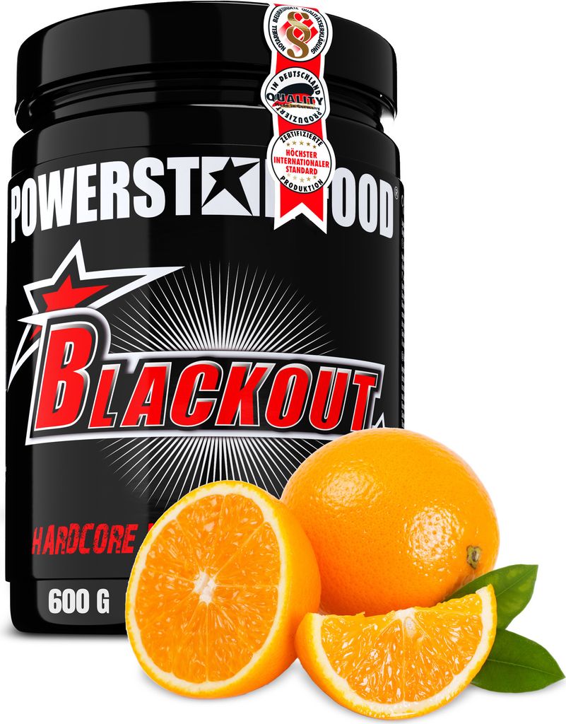 Powerstar BLACKOUT Hardcore Pre-Workout-Booster 600g | Hochdosierter Pump-Booster mit natürlichem Koffein | Fitness, Energie & Fokus |Juicy Orange