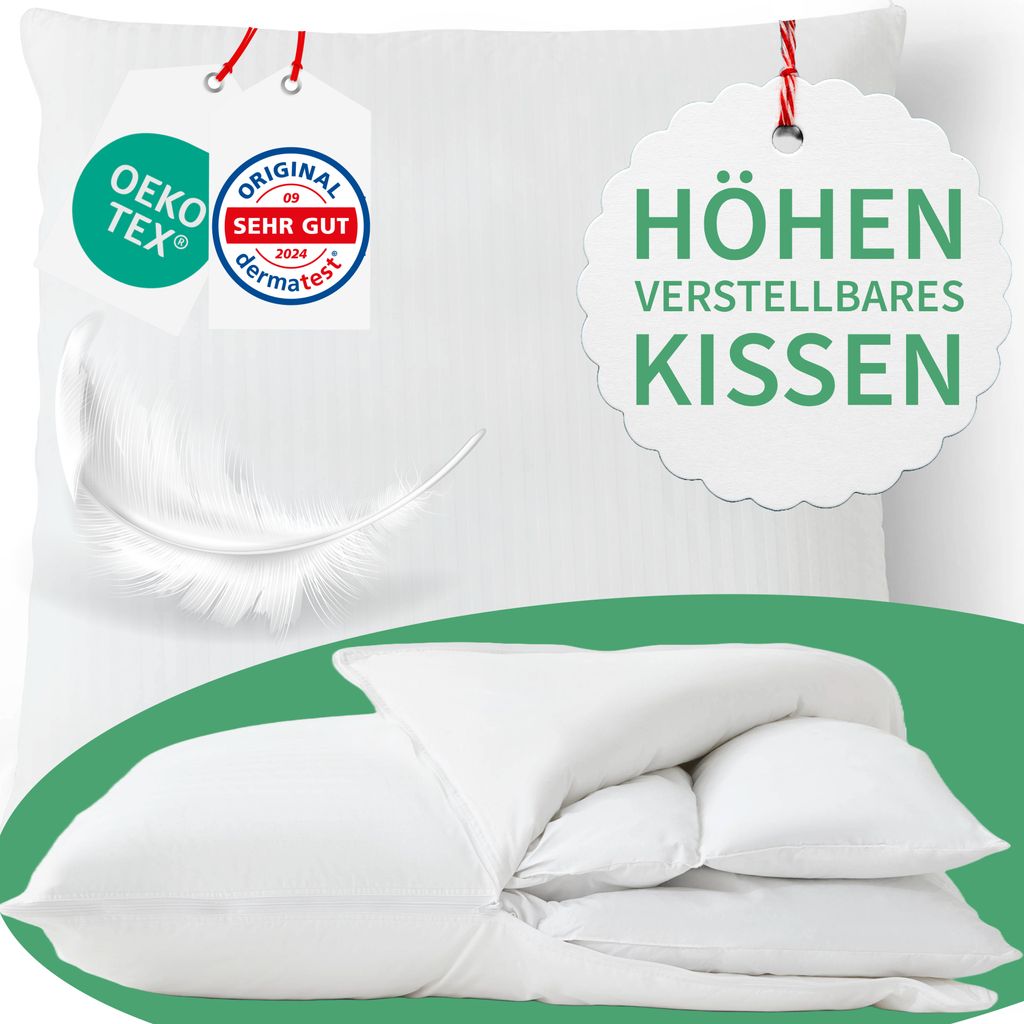 Welldora Premium Kopfkissen 40x40 höhenverstellbar - 100% Daunenfasern & Federn - Ergonomische Innovation: anpassbar fest bis weiches Kissen