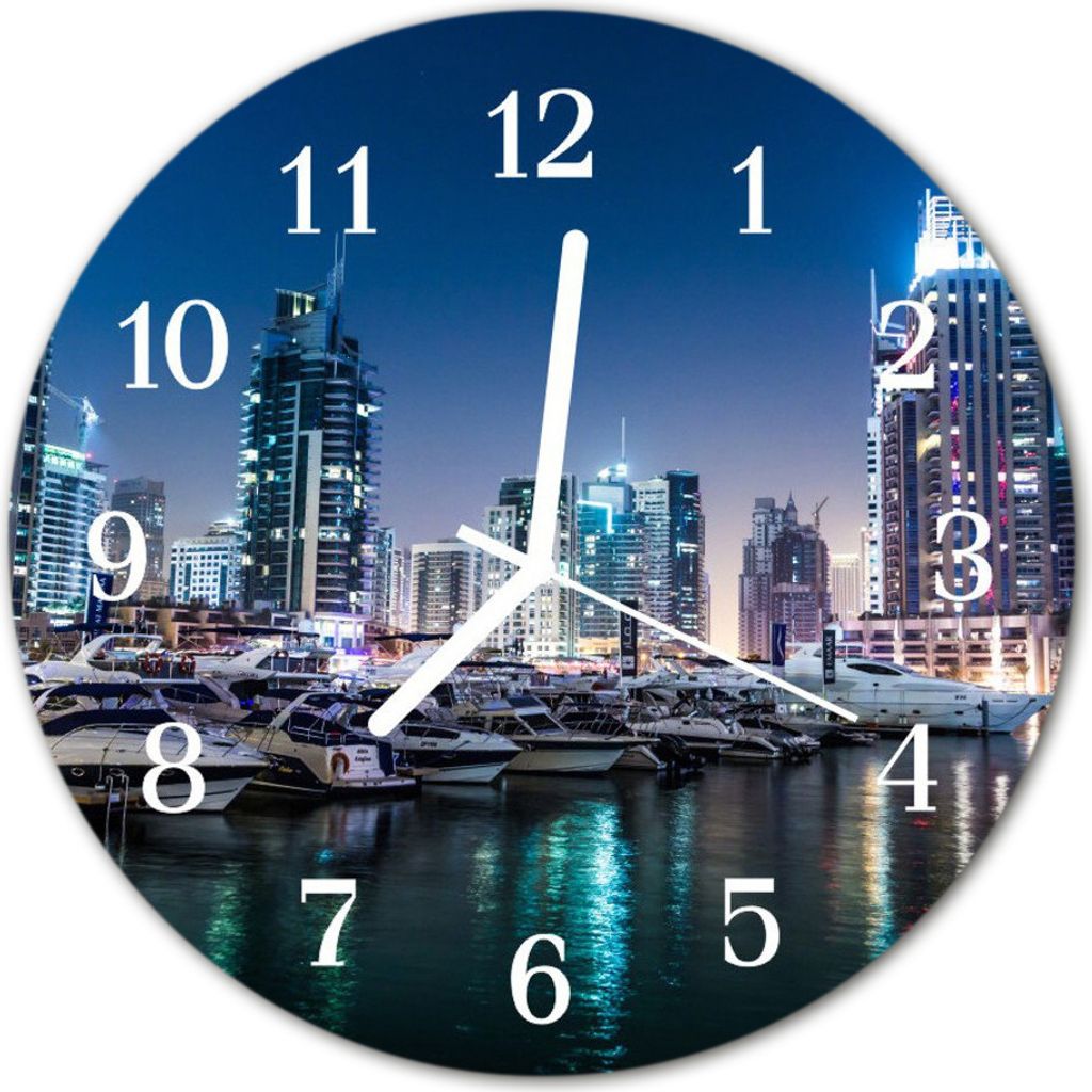 Glasuhr Wanduhr Küchenuhr Echt-Glas 30fi cm Skyline blau