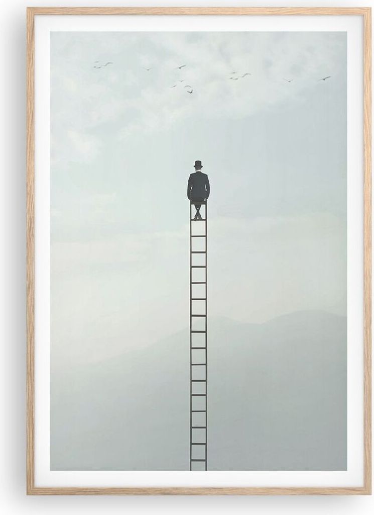 Gerahmtes Poster - Rahmen in heller Eiche - Leiter Himmel Symbol - 70x100 cm - Wand Bild - Wanddeko - Wandbilder - Kunstposter - Wandposter - Bilde...