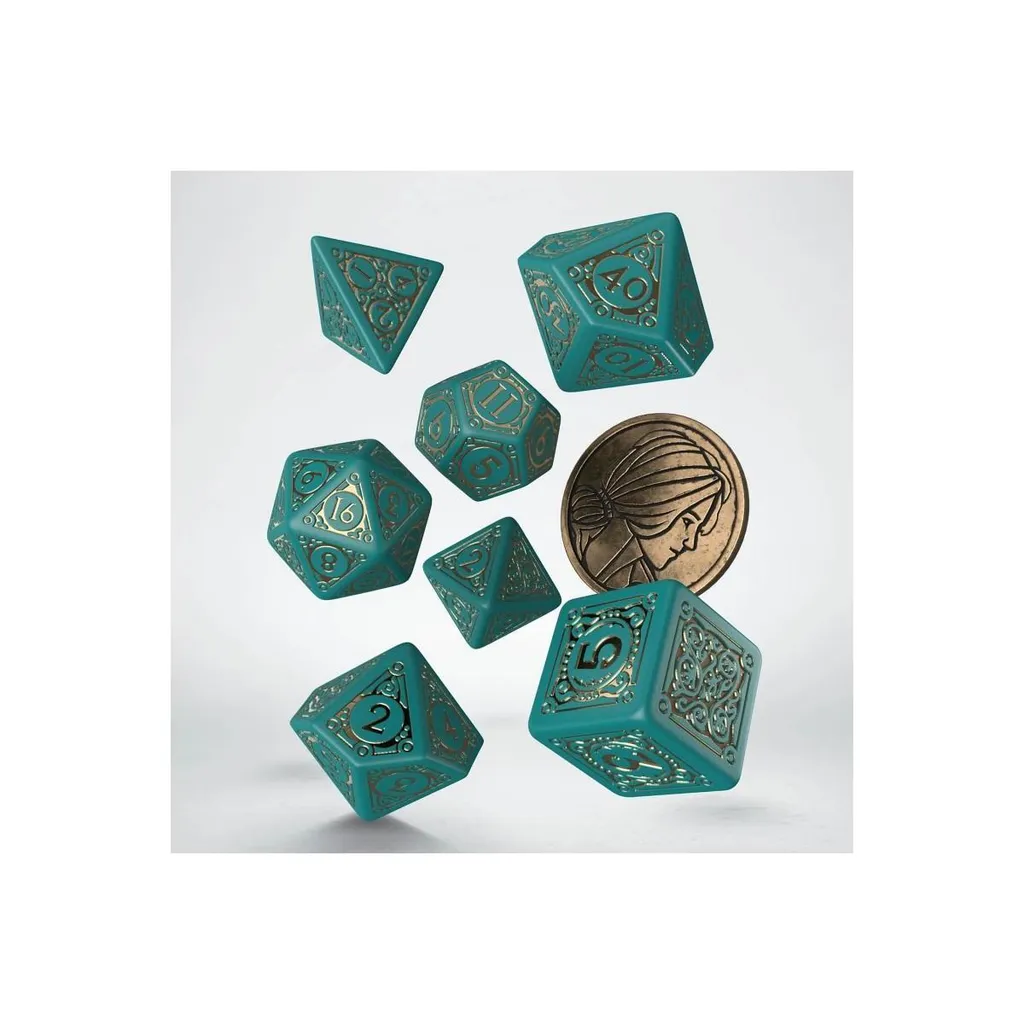 Dés The Witcher Triss Merigold polyédriques gravés en turquoise et or - 3