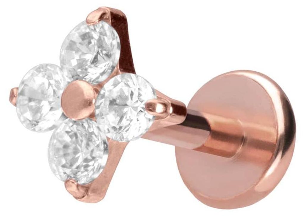 Ohrpiercing, Nasenpiercing Titan Labret mit Push Fit KRISTALLBLUME RoséGold Stablänge: 7mm | Stabstärke: 1mm