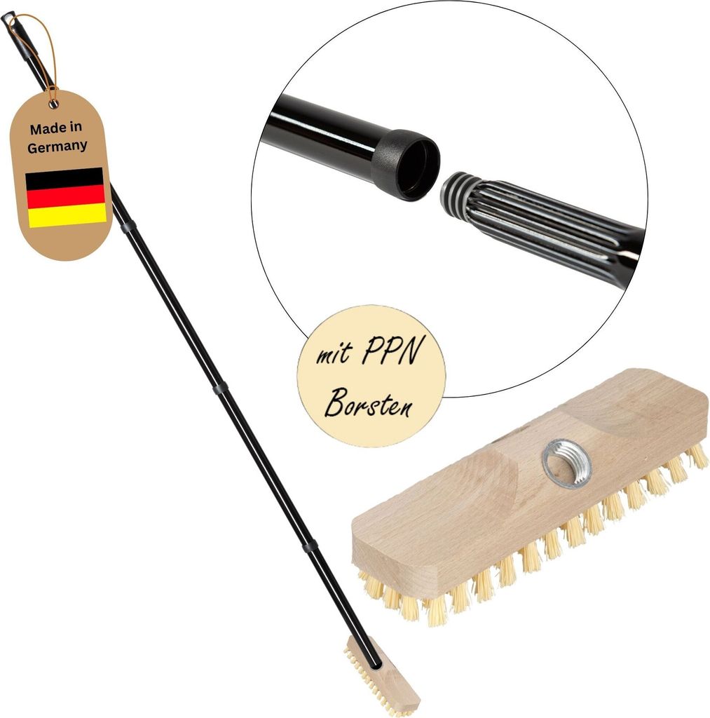 Schrubber aus Holz mit Borsten Wischer mit Gewinde und Schraub- Steckstiel vierteilig Scheuerbürste PPN Boden Bürste Ideal für Reinigung von Bal...