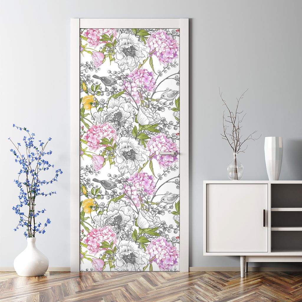 Dekorative Türaufkleber selbstklebend Klebefolie Aufkleber Blumen und Vögel 70 x 200 cm
