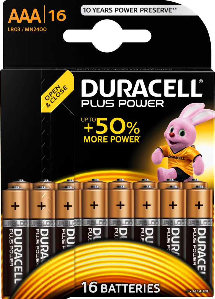16 Piles AAA Duracell pour télécommandes et jouets MN2400 Plus Power