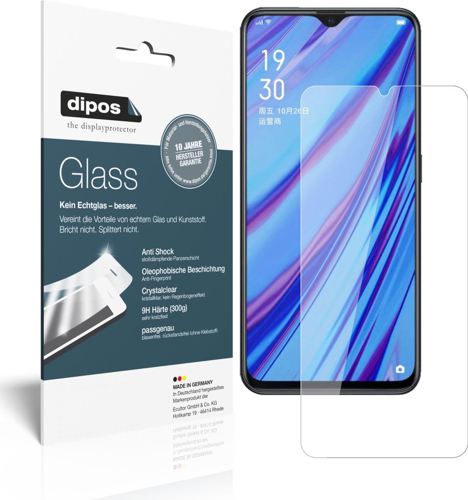 dipos I Panzerfolie klar passend für Oppo A9x Schutzfolie 9H Displayschutz-Folie (bewusst kleiner als das Glas, da dieses gewölbt ist)